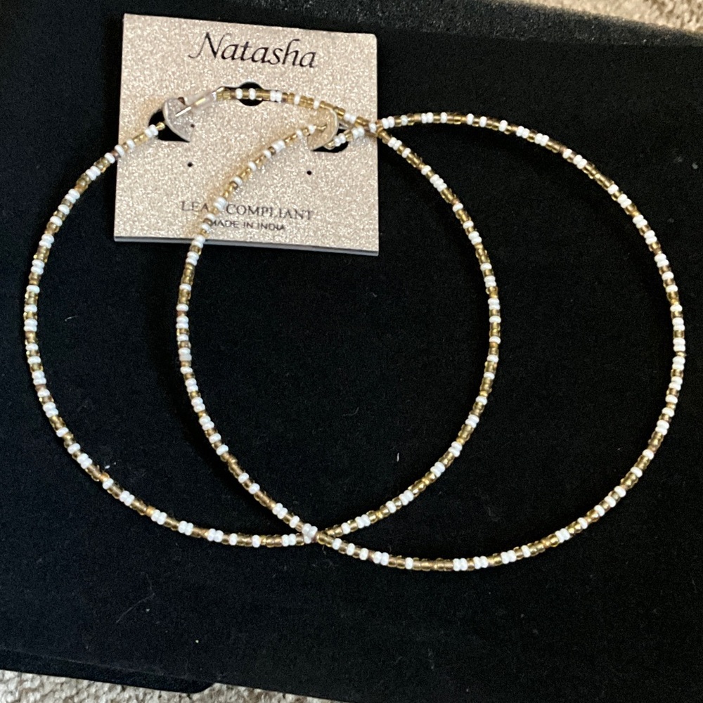Natasha Couture Gold and White Beaded Hoop Earrings